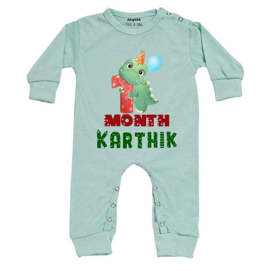 Arvesa 1 Month Monthly Birthday Dinosaur Theme Baby Outfit. Bodysuit Full Jumpsuit / Green / 0-3 Months