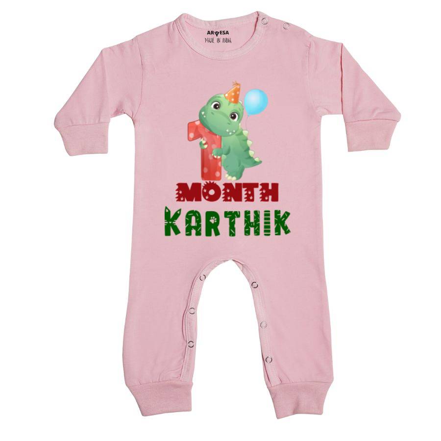 Arvesa 1 Month Monthly Birthday Dinosaur Theme Baby Outfit. Bodysuit Full Jumpsuit / Pink / 0-3 Months