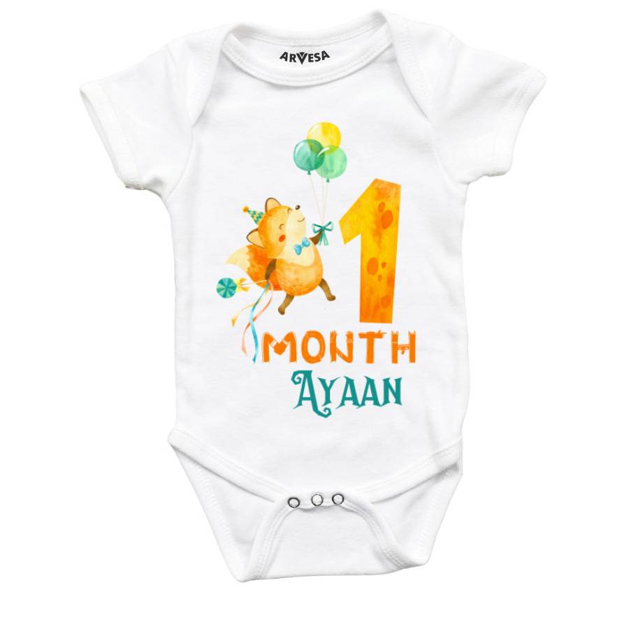 Arvesa 1 Month Monthly Birthday Fox Theme Baby Outfit. Bodysuit Onesie / White / 0-3 Months