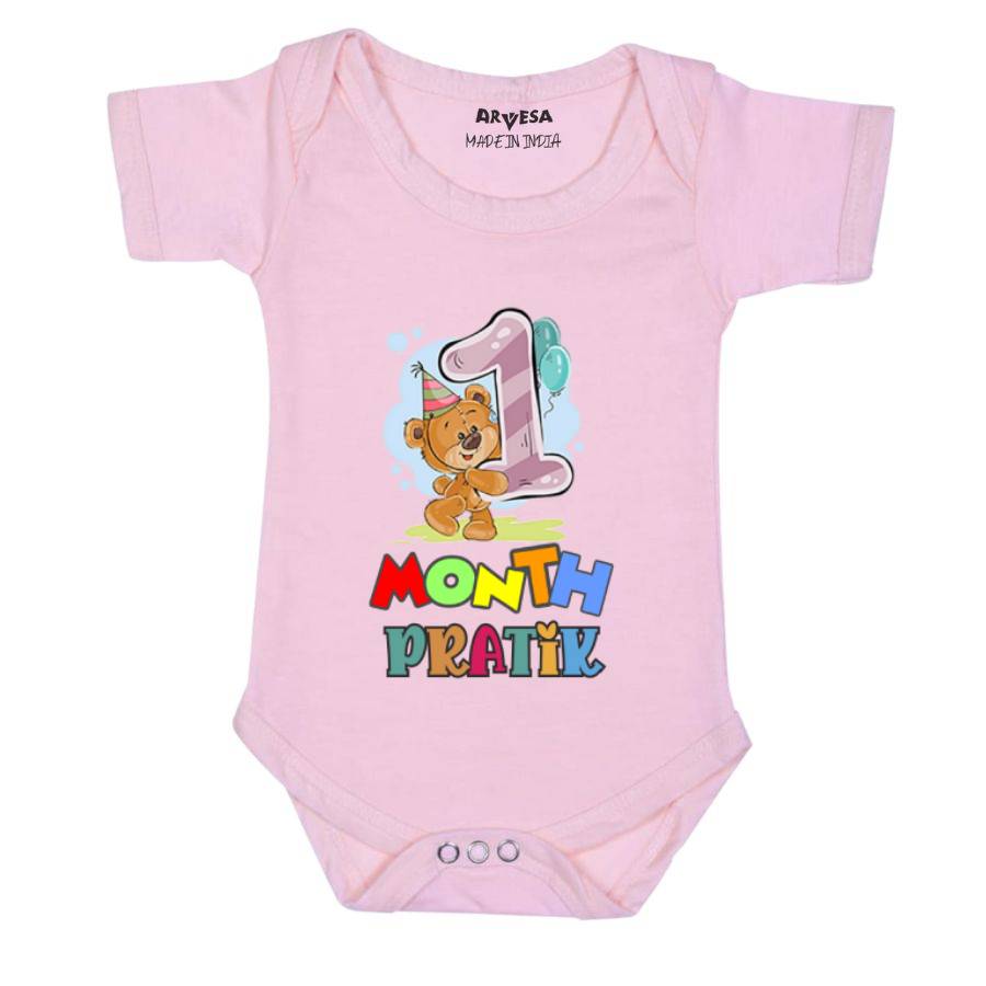 Arvesa 1 Month Monthly Birthday Teddy Bear Theme Baby Outfit. Bodysuit Onesie / Pink / 0-3 Months