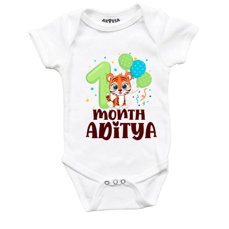 Arvesa 1 Month Monthly Birthday Tiger Theme Baby Outfit. Bodysuit Onesie / White / 0-3 Months