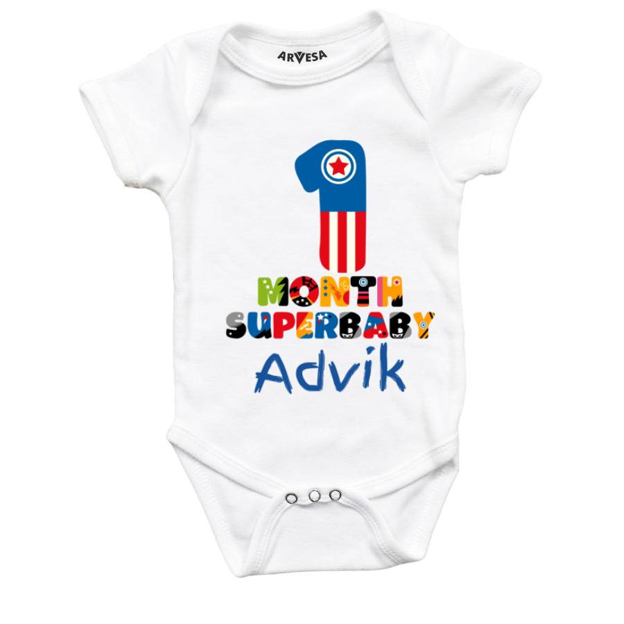 Arvesa 1 Month SuperBaby Monthly Birthday Theme Baby Outfit. Bodysuit Onesie / White / 0-3 Months
