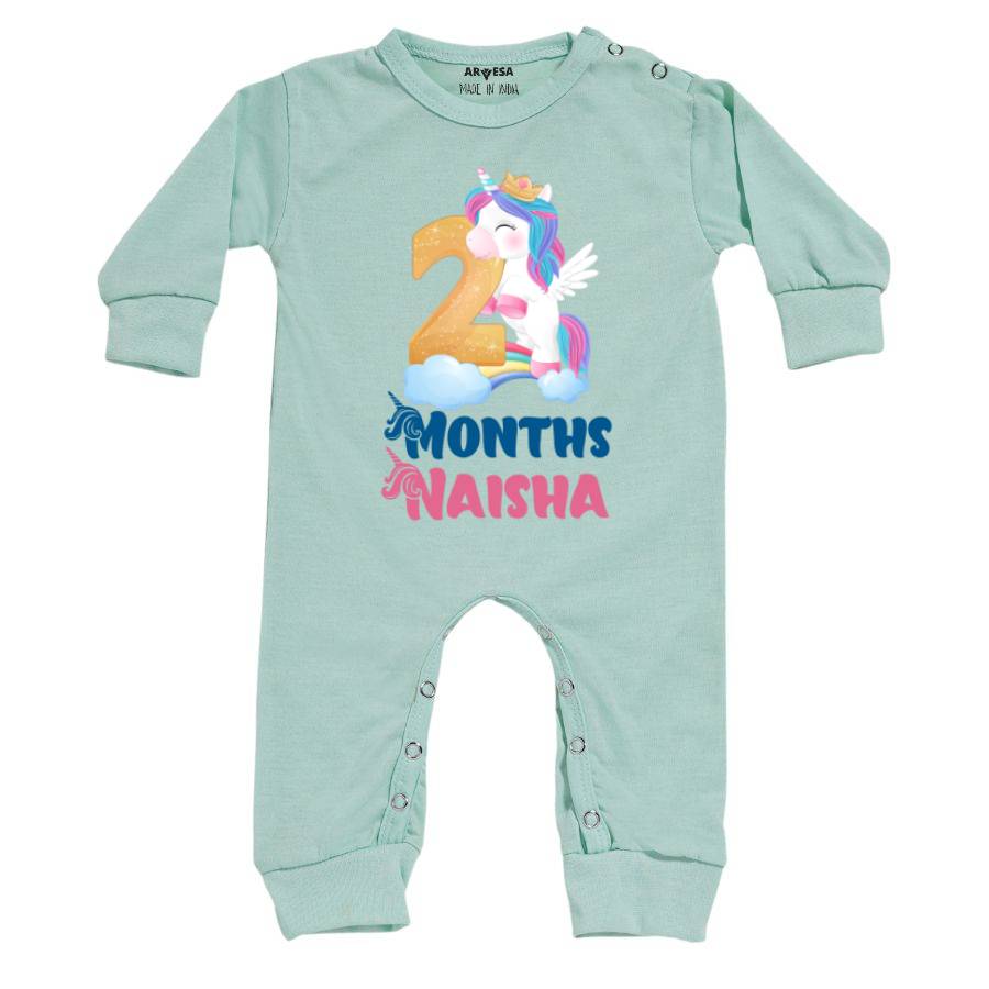 Arvesa 2 Month Monthly Birthday Unicorn Theme Baby Outfit. Bodysuit Full Jumpsuit / Green / 0-3 Months
