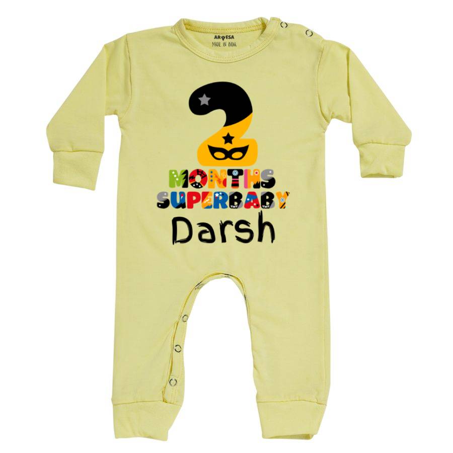Arvesa 2 Month SuperBaby Monthly Birthday Theme Baby Outfit. Bodysuit Full Jumpsuit / Yellow / 0-3 Months
