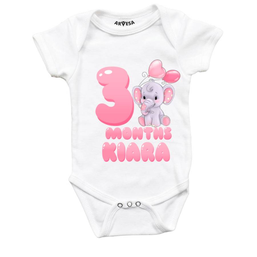 Arvesa 3 Month Monthly Birthday Elephant Theme Baby Outfit. Bodysuit Onesie / White / 0-3 Months