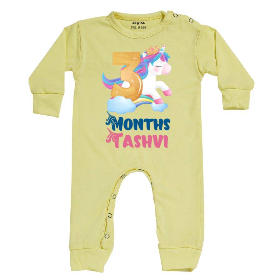 Arvesa 3 Month Monthly Birthday Unicorn Theme Baby Outfit. Bodysuit Full Jumpsuit / Yellow / 0-3 Months