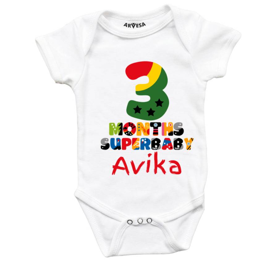 Arvesa 3 Month SuperBaby Monthly Birthday Theme Baby Outfit. Bodysuit Onesie / White / 0-3 Months