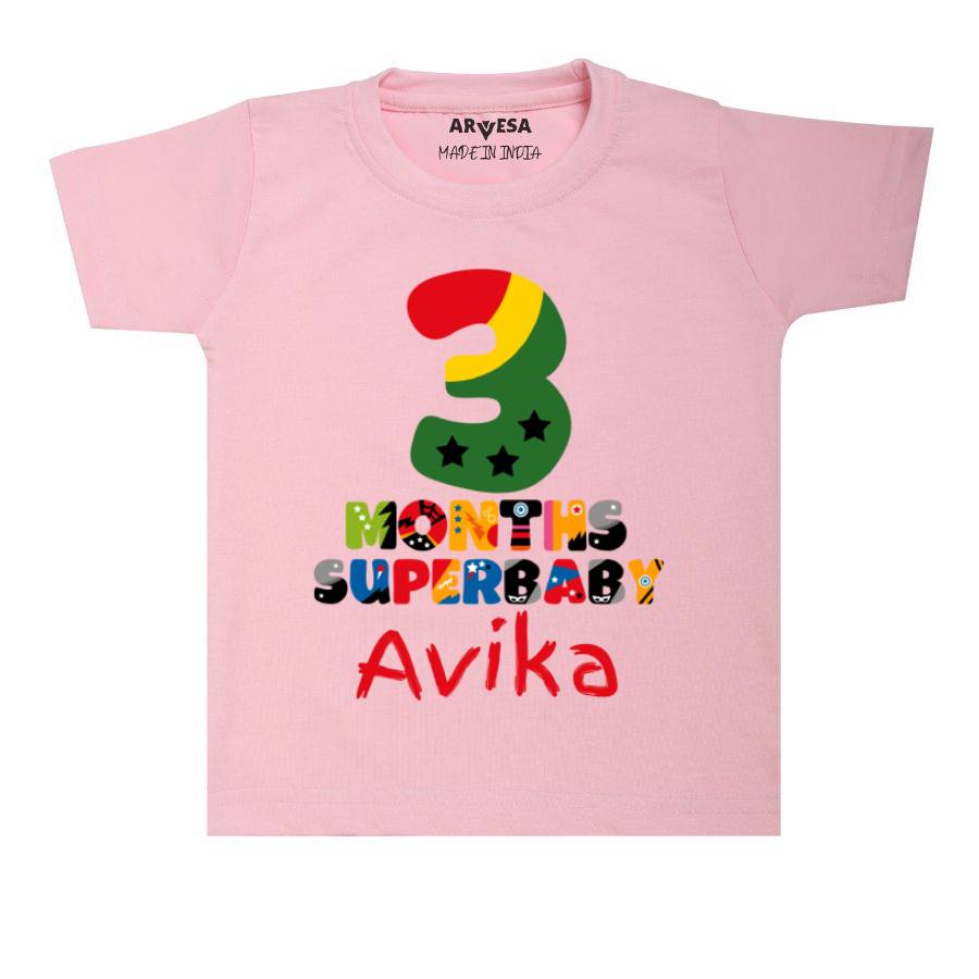 Arvesa 3 Month SuperBaby Monthly Birthday Theme Baby Outfit. Bodysuit T-shirt / Pink / 0-6 Months