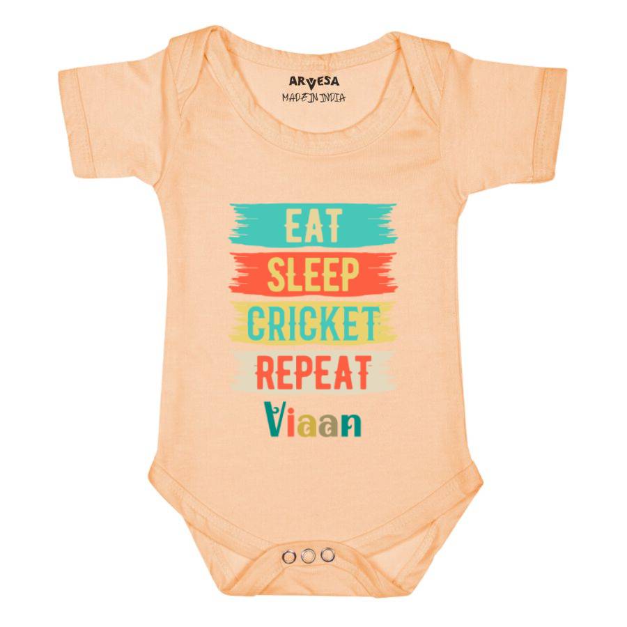 Eat Sleep Cricket Repeat Theme Baby Outfit. Bodysuit Onesie / Peach / 0-3 Months