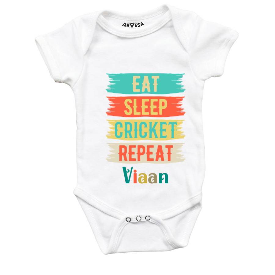 Eat Sleep Cricket Repeat Theme Baby Outfit. Bodysuit Onesie / White / 0-3 Months