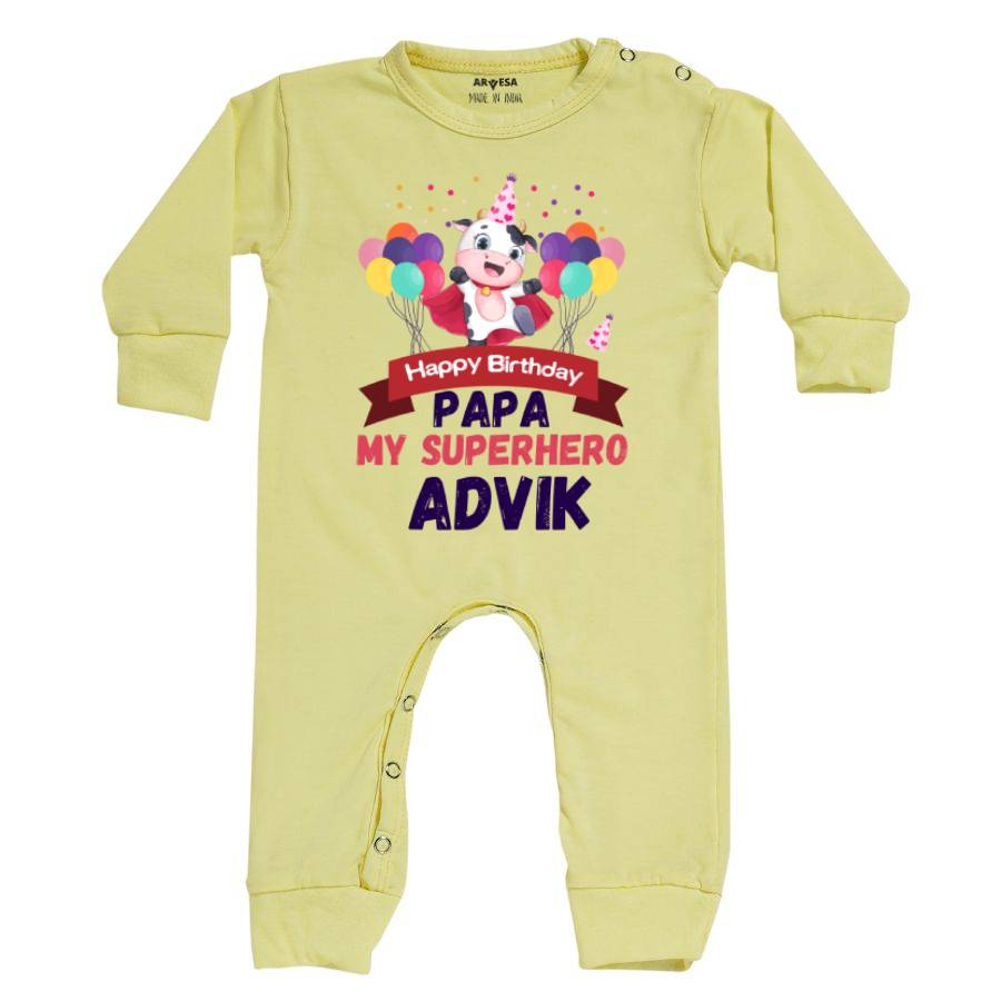 Happy Birthday Papa Baby Outfit. Bodysuit Full Jumpsuit / Yellow / 0-3 Months