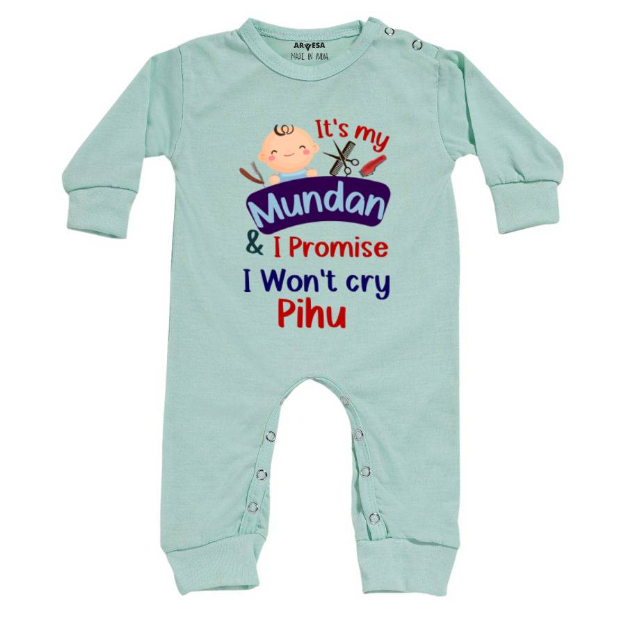 I Wont Cry Mundan Theme Baby Outfit. Bodysuit Full Jumpsuit / Green / 0-3 Months