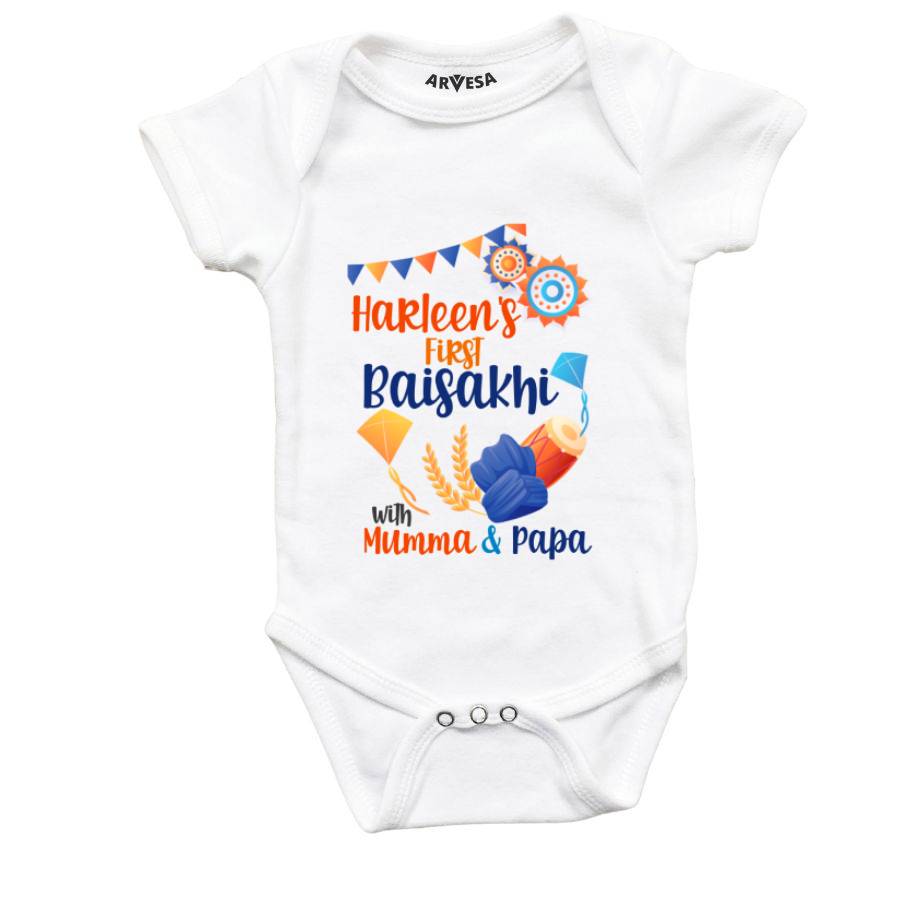 My First Baisakhi With Mummy Papa Baby Outfit. Bodysuit Onesie / White / 0-3 Months
