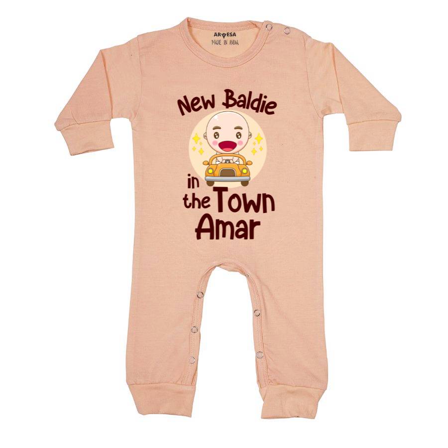 New Baldie in the Town Mundan Theme Baby Outfit. Bodysuit Full Jumpsuit / Peach / 0-3 Months
