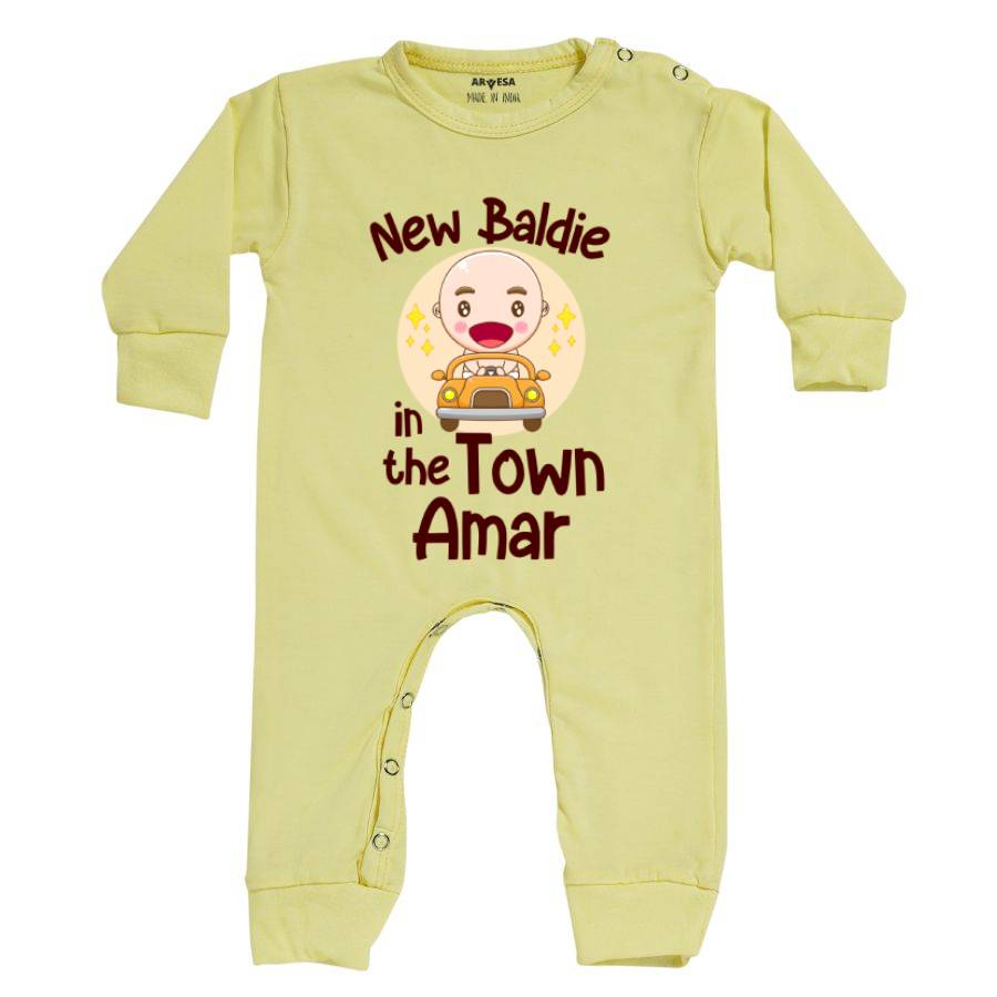New Baldie in the Town Mundan Theme Baby Outfit. Bodysuit Full Jumpsuit / Yellow / 0-3 Months